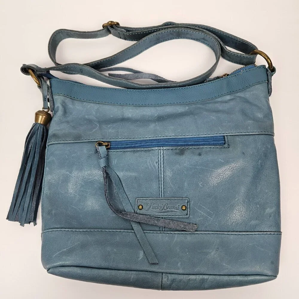 Lucky Brand Boho Blue Leather Crossbody Bag - Picture 13 of 16